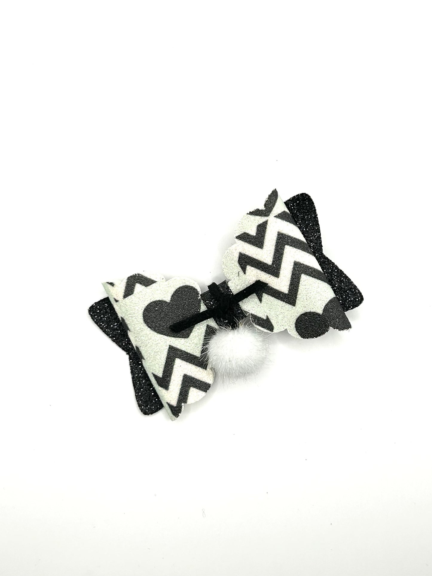 Black Hearts & Black Glitter with White Pom Bow Hair Bow Clip