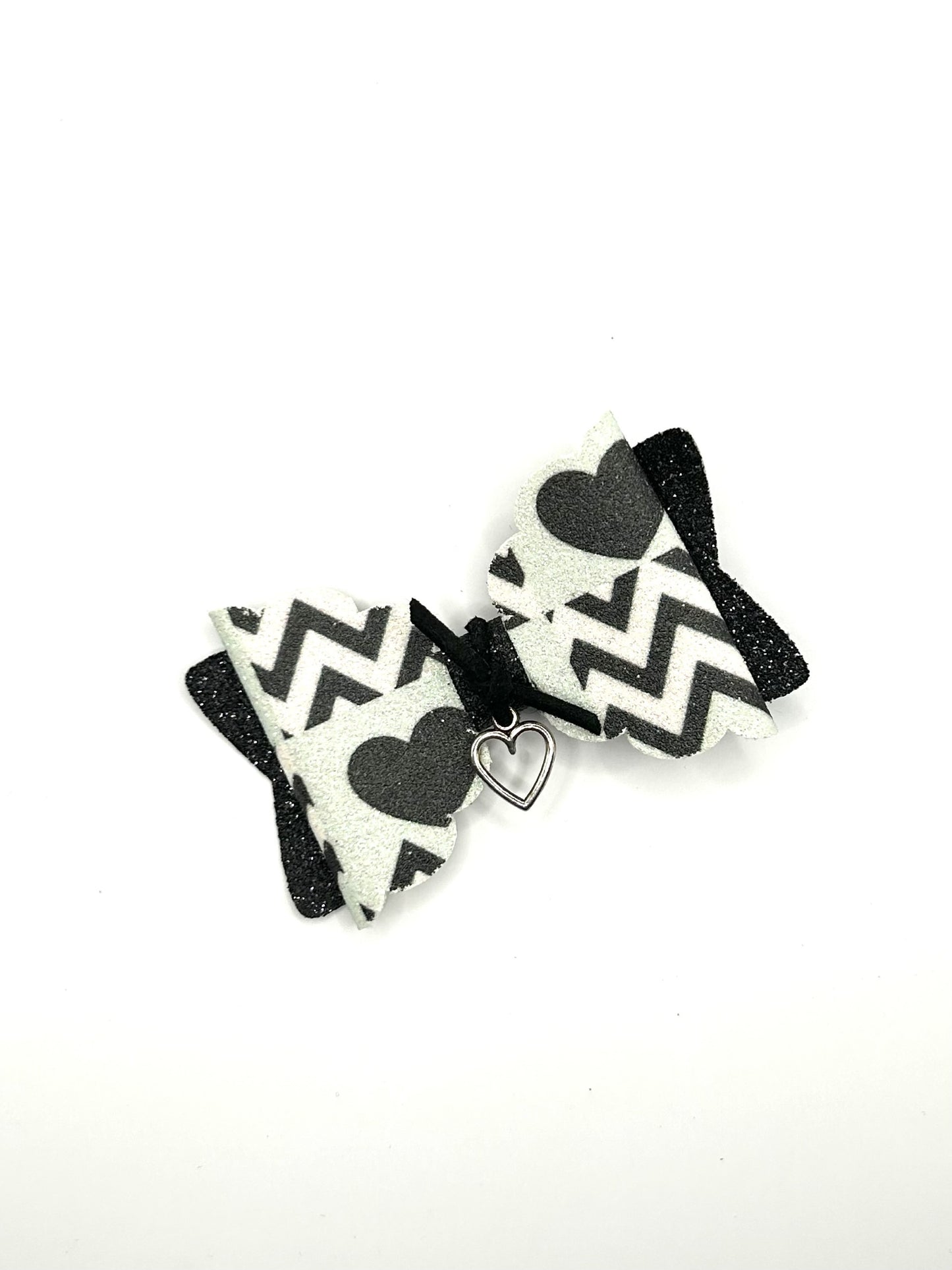 Black Hearts & Black Glitter with Silver Hanging Heart Hair Bow Clip
