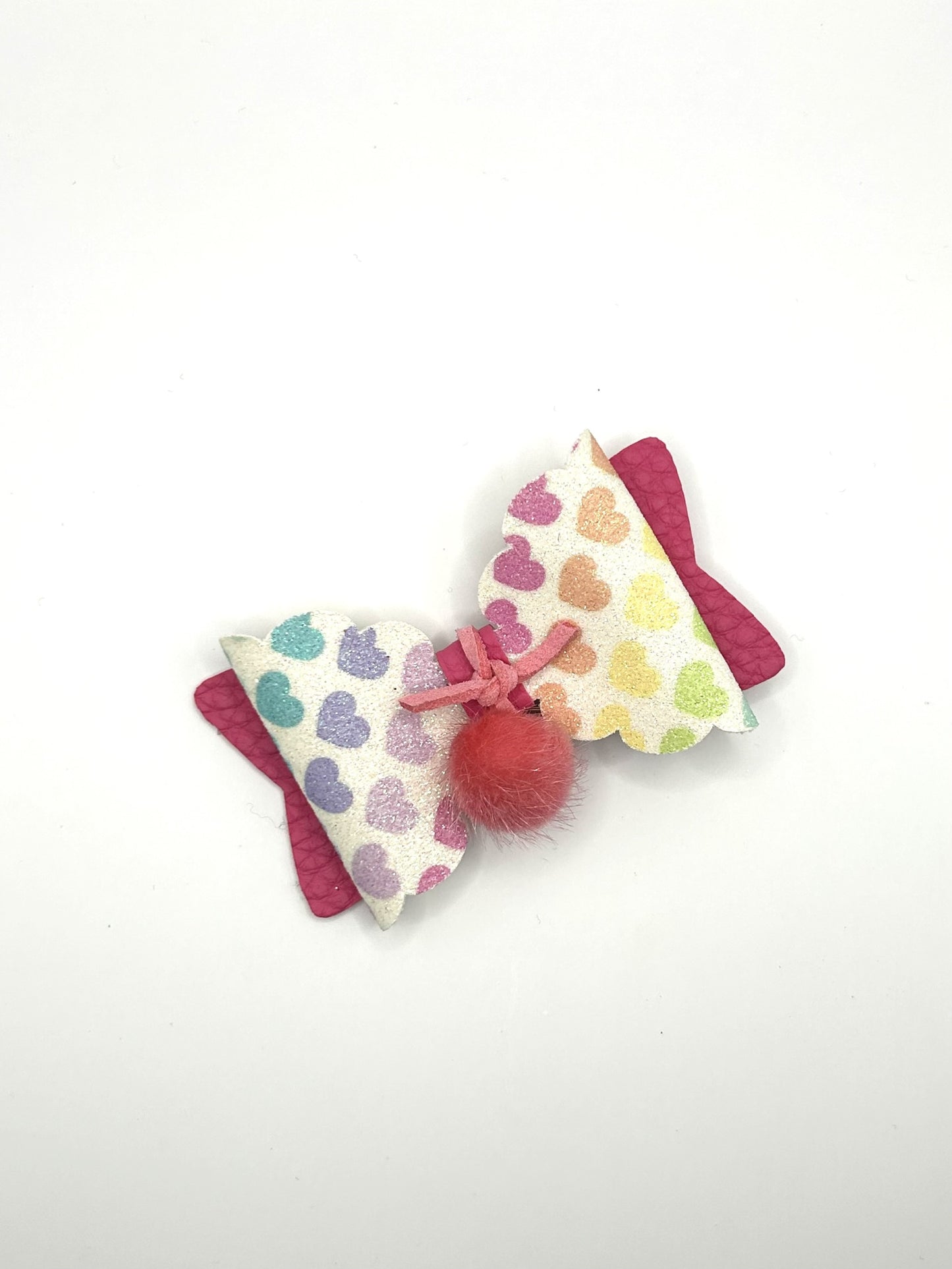 Multicoloured Hearts & Pink with Hanging Fluffy Pink Pom Hair Bow Clip