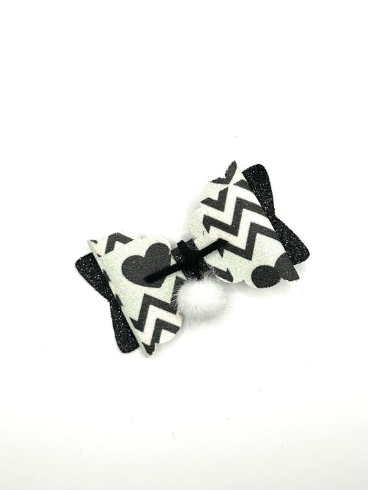 Black Hearts & Black Glitter with White Pom Bow Hair Bow Clip