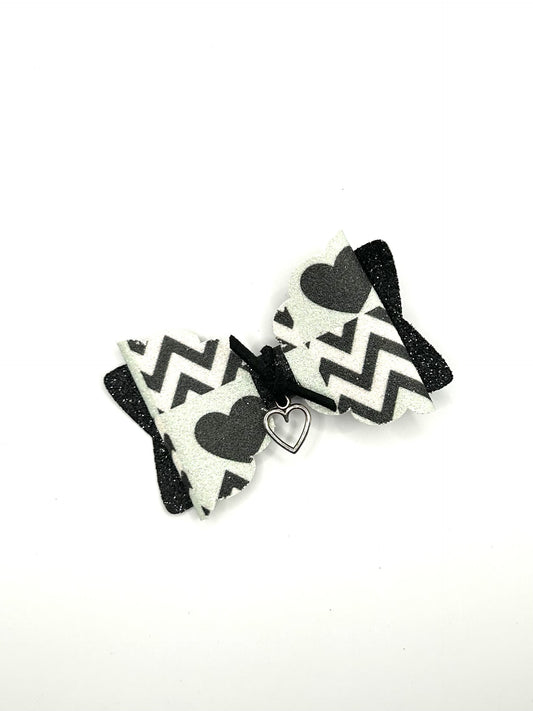 Black Hearts & Black Glitter with Silver Hanging Heart Hair Bow Clip