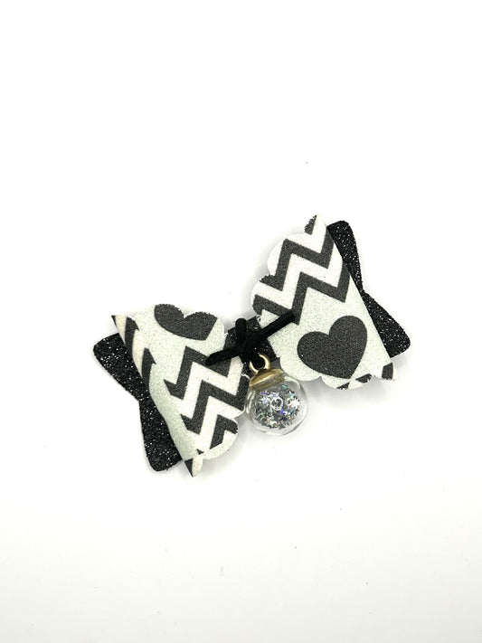 Black Hearts & Black Glitter with Hanging Wishing Ball Hair Bow Clip