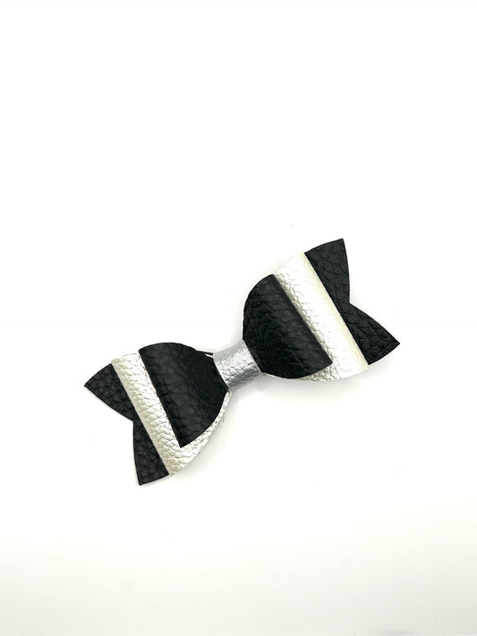Black & Pearl Metallic Hair Bow Clip