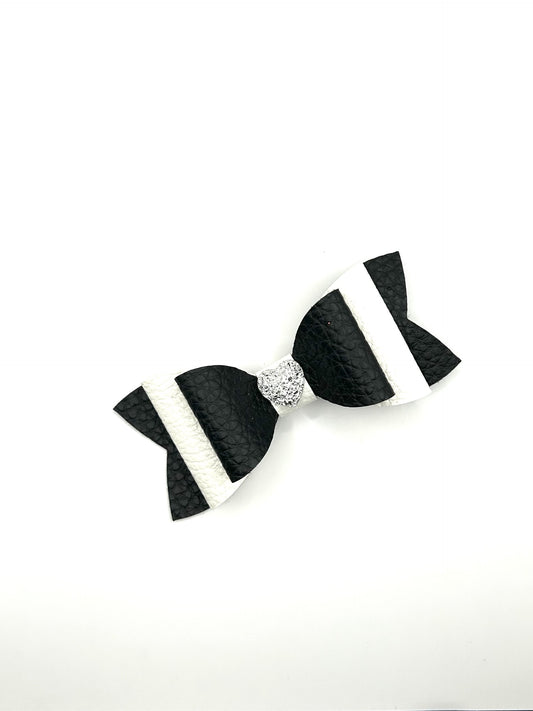 Black & White Heart with Silver Heart Hair Bow Clip