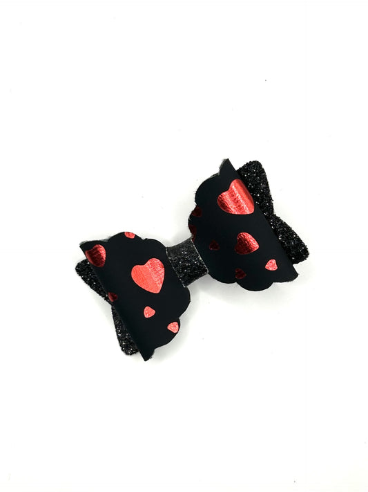 Black & Red Hearts Hair Bow Clip