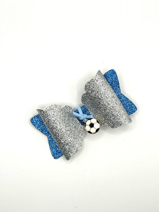 Dark Blue & Silver Glitter with Hanging Football Hair Bow Clip