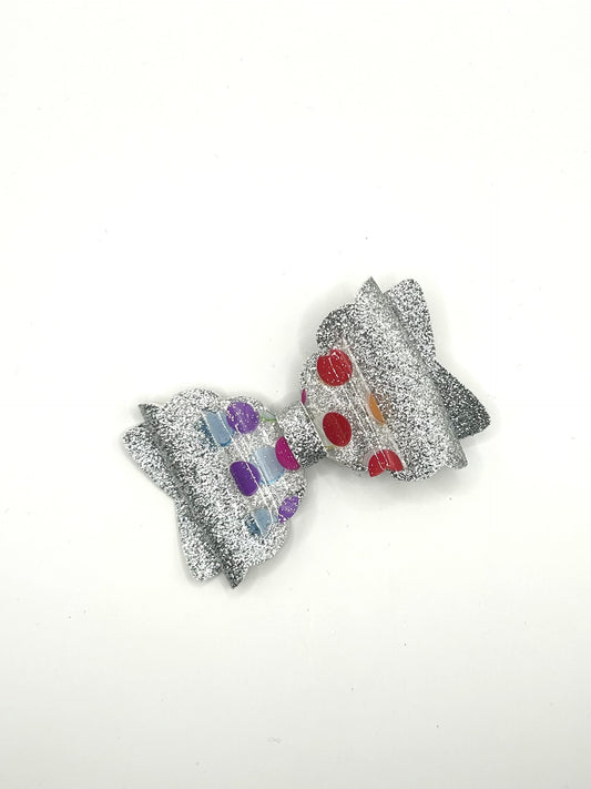 Multicoloured Polka Dots & Silver Glitter Hair Bow Clip