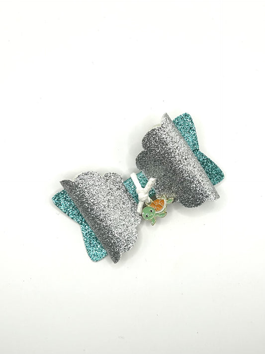 Turquoise & Silver Glitter with Turtle Hair Bow Clip