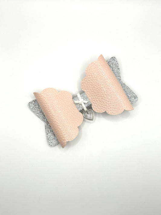 Light Pink & Silver Glitter with Hanging Heart Hair Bow Clip