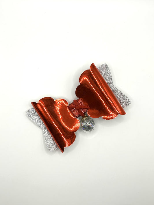 Mirrored Red & Silver Glitter with Hanging Wishing Ball Hair Bow Clip