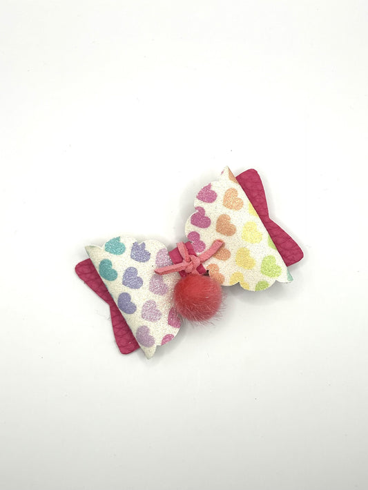 Multicoloured Hearts & Pink with Hanging Fluffy Pink Pom Hair Bow Clip