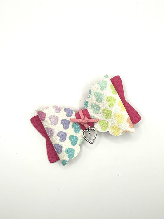 Multicoloured Hearts & Pink with Silver Hanging Heart Hair Bow Clip