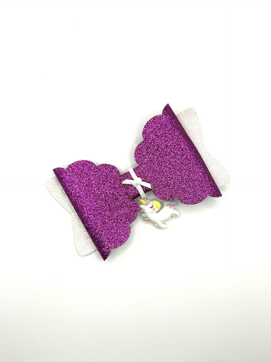 Purple Glitter & White Glitter with Hanging Unicorn Hair Bow Clip