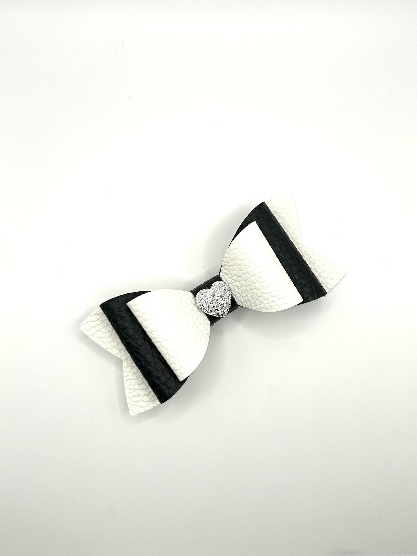 White & Black Heart with Silver Heart Hair Bow Clip