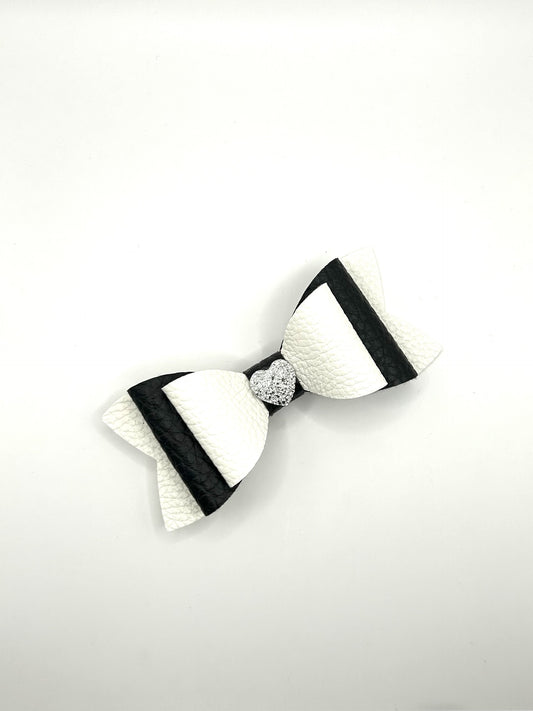 White & Black Heart with Silver Heart Hair Bow Clip